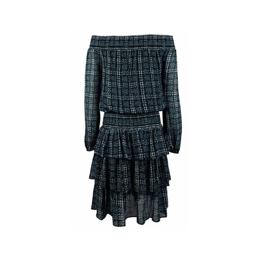 Michael Kors Tweed Print Georgette Dress Deep Teal XL Off Shoulder Mini